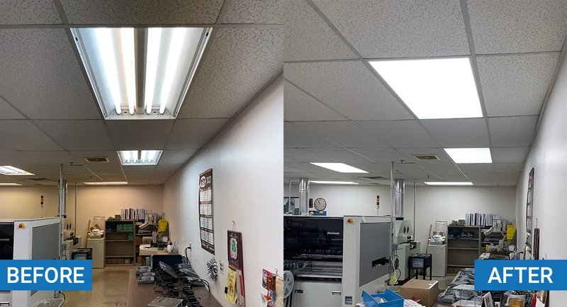 Before and after commercial LED lighting retrofit by Archvolt Electric