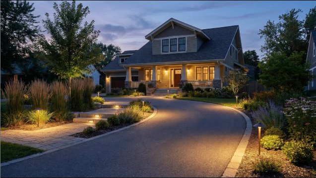 Landscape and exterior lighting on a home at dusk by Archvolt Electric